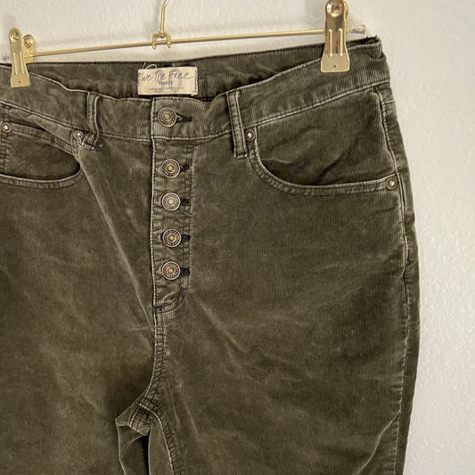 We The Free Free People Corduroy Button-Fly Green Stretch Skinny Jean Pant Retro