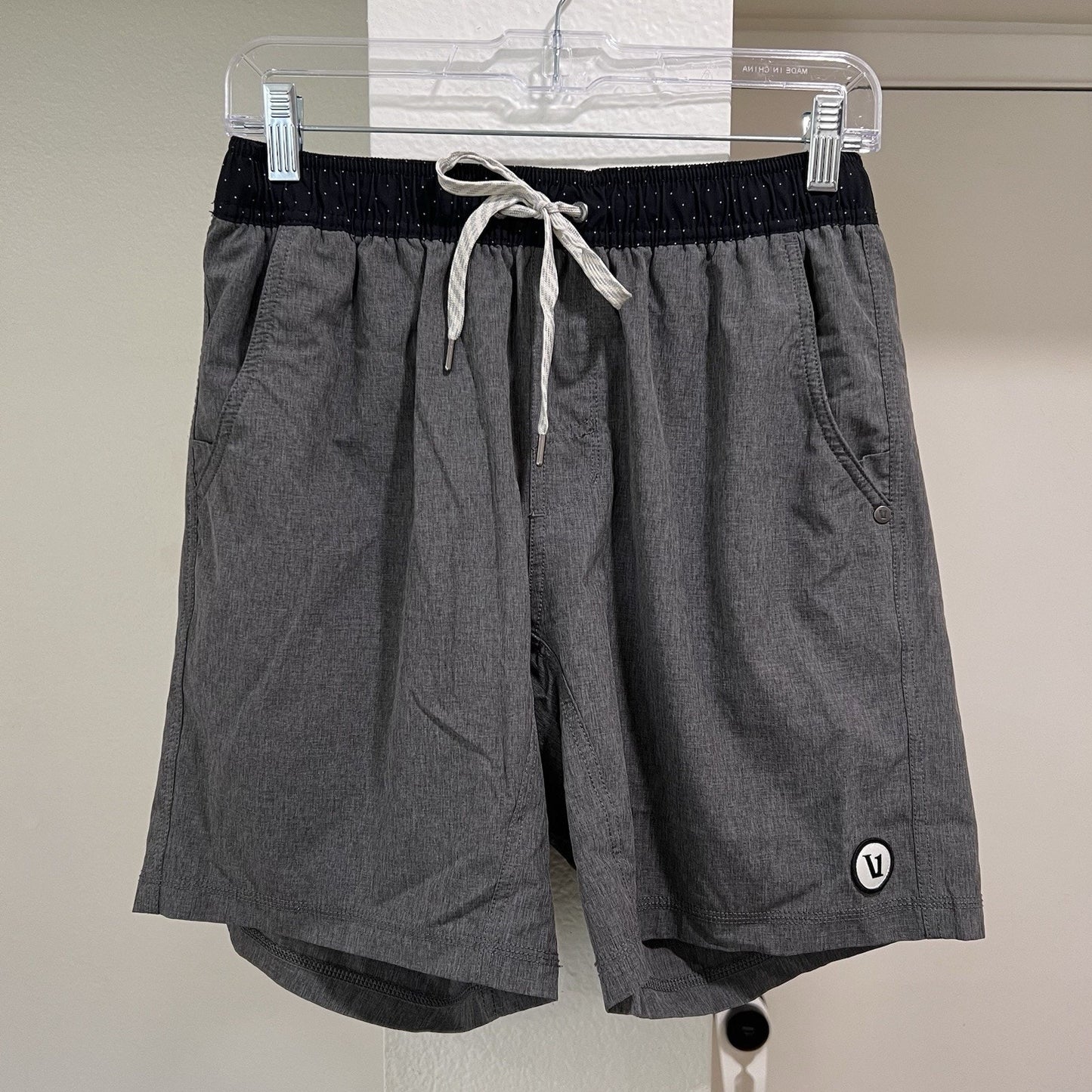 XS Vuori Mens Kore Shorts 7.5” Lined Linen Grey Black Drawstring Elastic Stretch