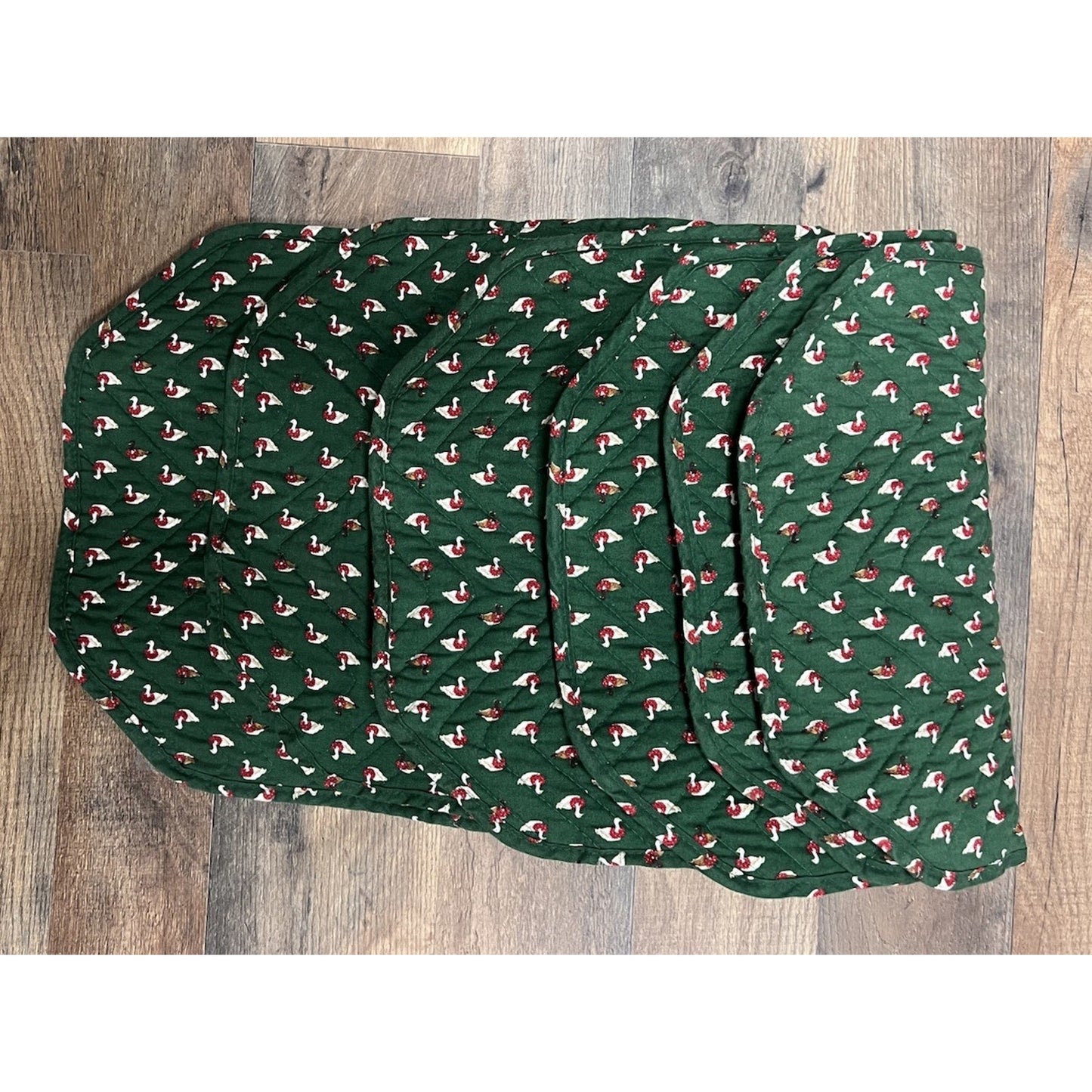 Vtg Cranston Print Works Christmas Ducks Geese Quilted Placemats Green Lot Of 6