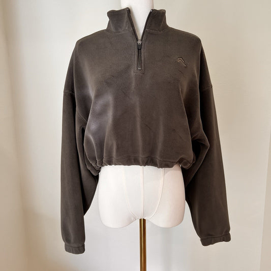 Oner Active XS Fleece Pullover 1/2 Zip Oversized Crop Cinched Hem Brown Velour