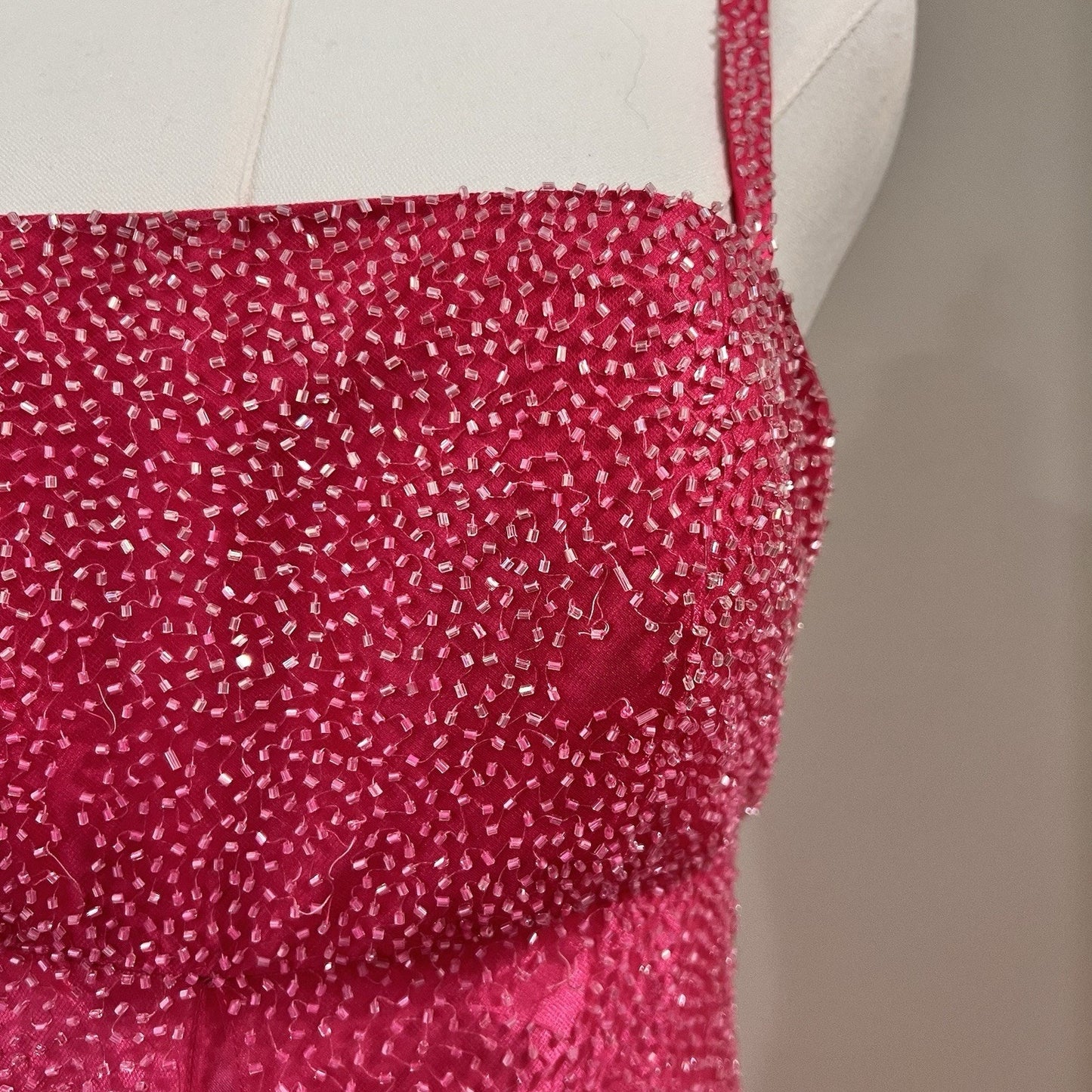 90s Y2k Caché Dress (6) Ethereal Fairy Beaded Hot Pink Barbie Sheer Prom Glam