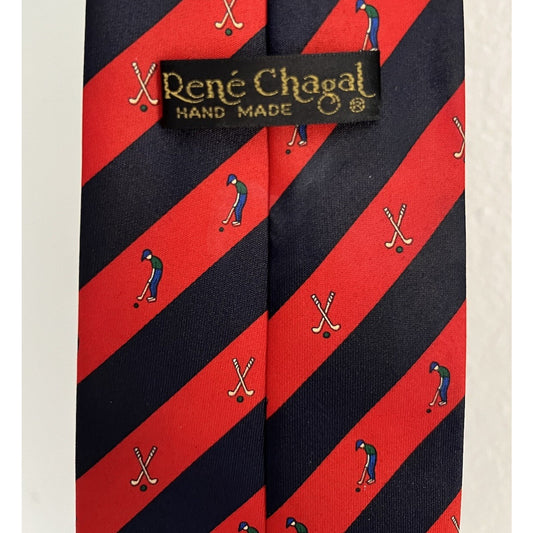 Rene Chagal Handmade Tie Men’s Golfer Necktie Red Black Repp Striped