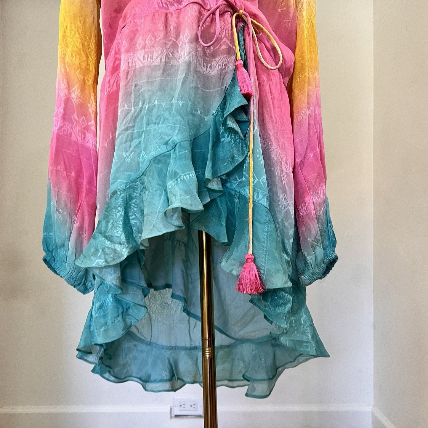 Rococo Sand Wrap Mini Dress (L) Ombré Luxe Ibiza Boho Designer Resort Boho