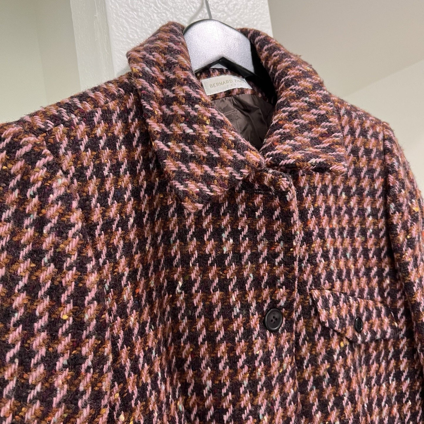 Bernard Zins Paris Tweed Wool Blazer Women Sz 10 Houndstooth Academia Preppy