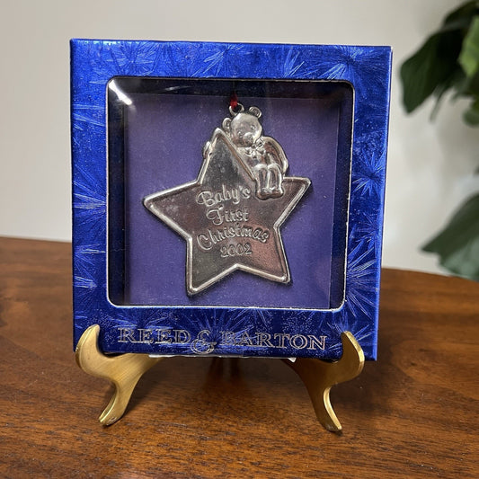 Reed & Barton 2002 Baby's 1st Christmas Ornament Silver Plated 3302 Bear Star 3”