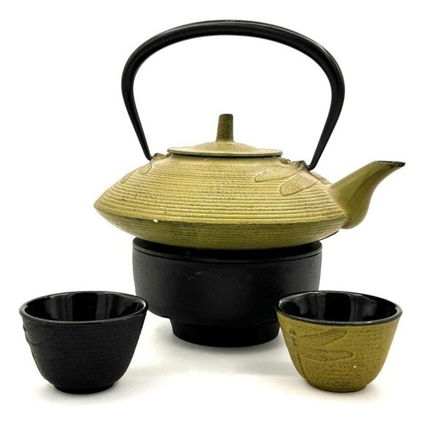 Miya Green Dragonfly Cast Iron Tea set w/ cast iron teapot 2 cups & warming pot