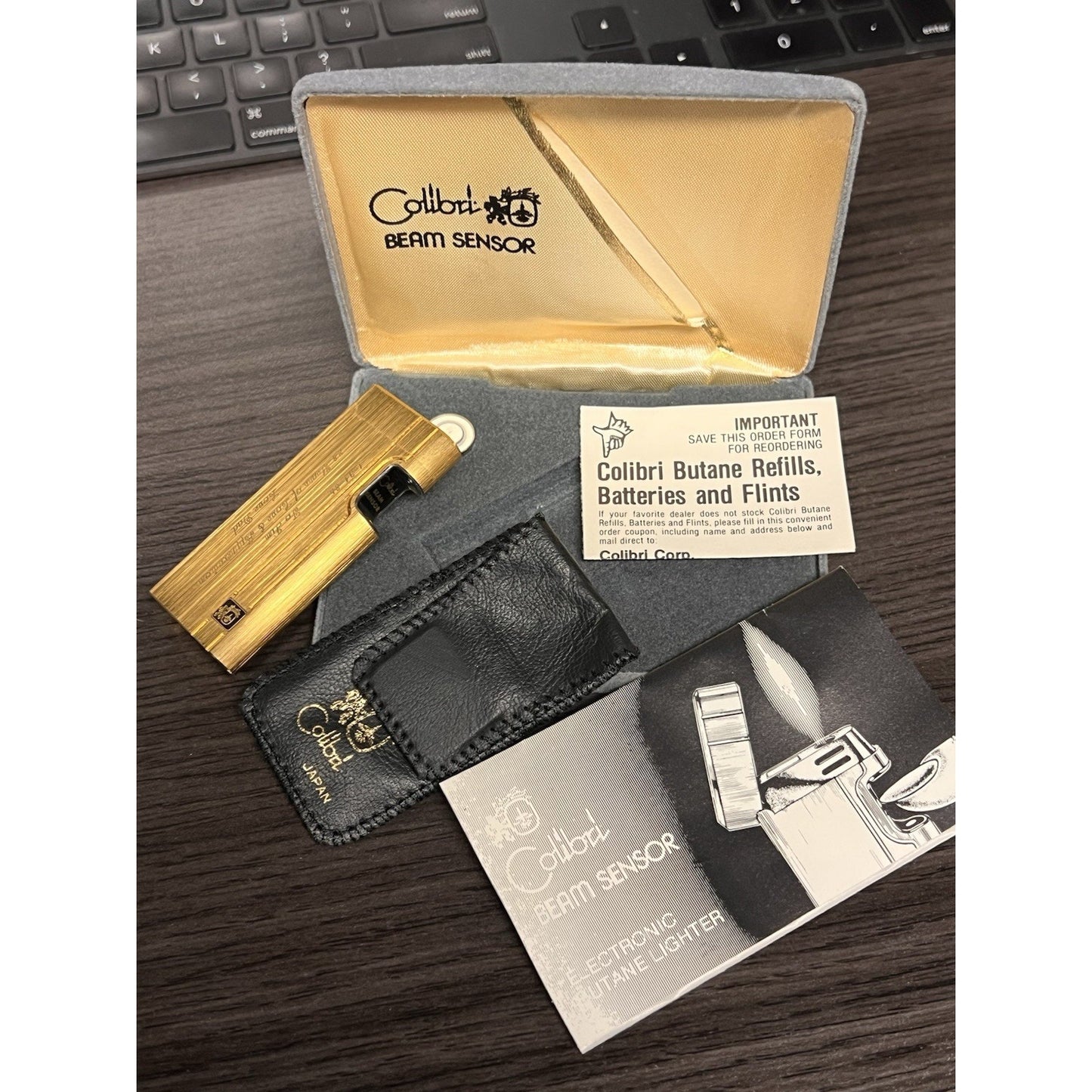 Vintage Gold Tone Colibri Beam Sensor Lighter w/ Case, Sleeve & Paperwork