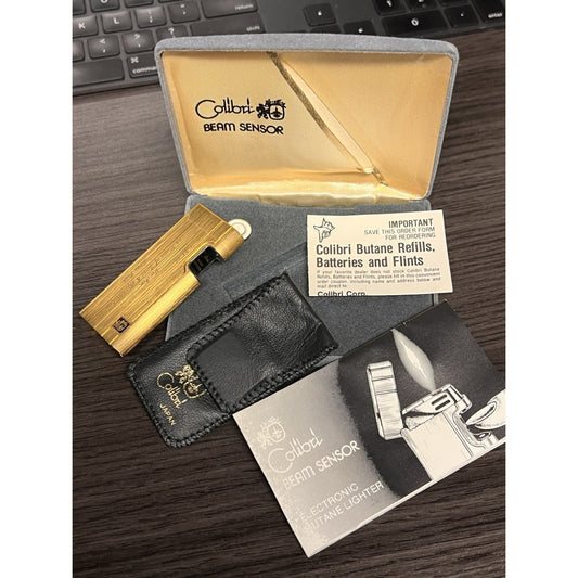 Vintage Gold Tone Colibri Beam Sensor Lighter w/ Case, Sleeve & Paperwork