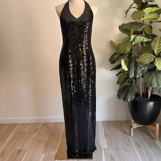 Vintage Basix II Silk Sequin Halter Evening Gown Cocktail Backless Prom Dress