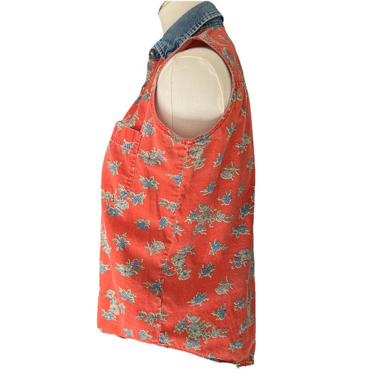 Hunt Club (S) Sleeveless Button Up Women Denim Red Floral Rodeo Western Festival
