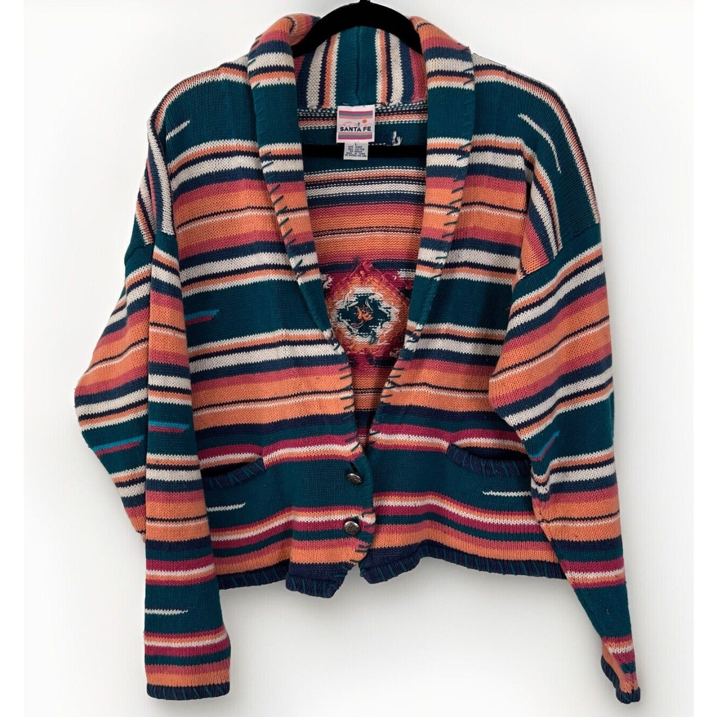 Vintage 90s Santa Fe Aztec Southwest Cardigan Knit Grandpa Sweater Shawl Collar