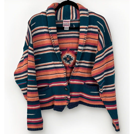 Vintage 90s Santa Fe Aztec Southwest Cardigan Knit Grandpa Sweater Shawl Collar