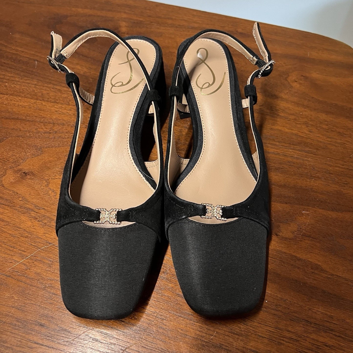 Sam Edelman Tarra 2 Sz 5 Suede/Fabric Sling Back Pump Low Block Heel Black Suede