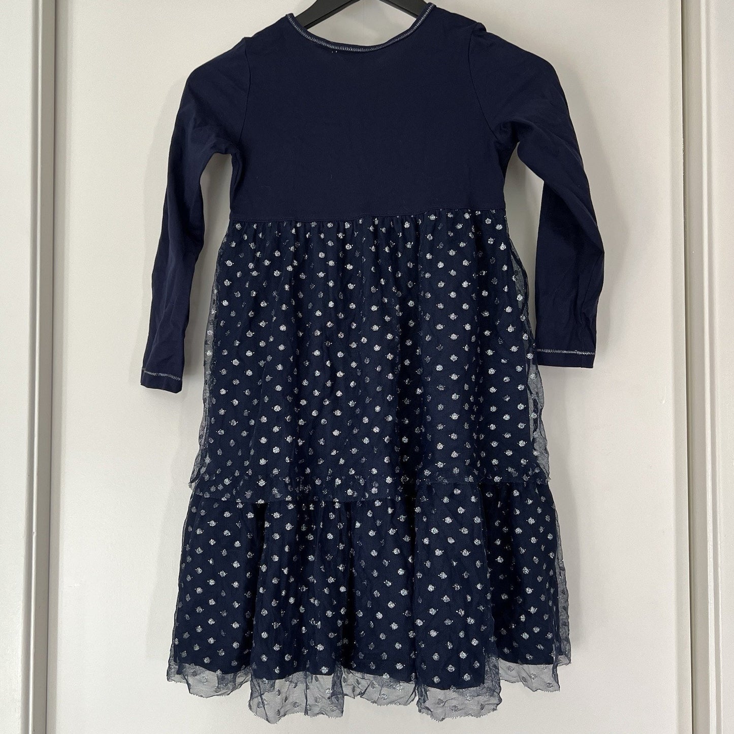 Hanna Andersson Navy Blue Silver Tulle Long Sleeve Dress Sz 8 Sparkle Holiday
