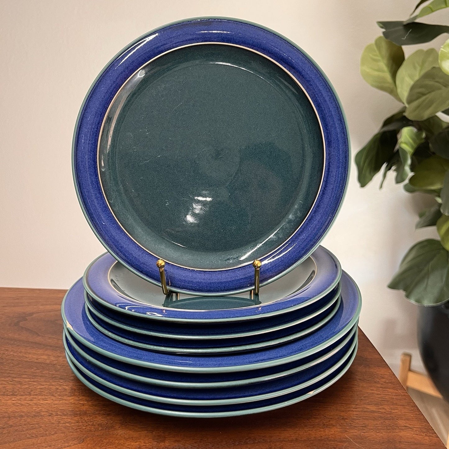Denby Metz Green Blue 8 Piece Set 4 Dinner Plates 10.5” & 4 Salad Plates 8-7/8”