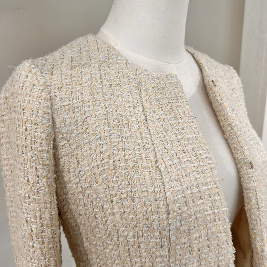 Brooks Brothers Cropped Blazer 6P Womens Tweed Collarless Ivory Metallic Thread