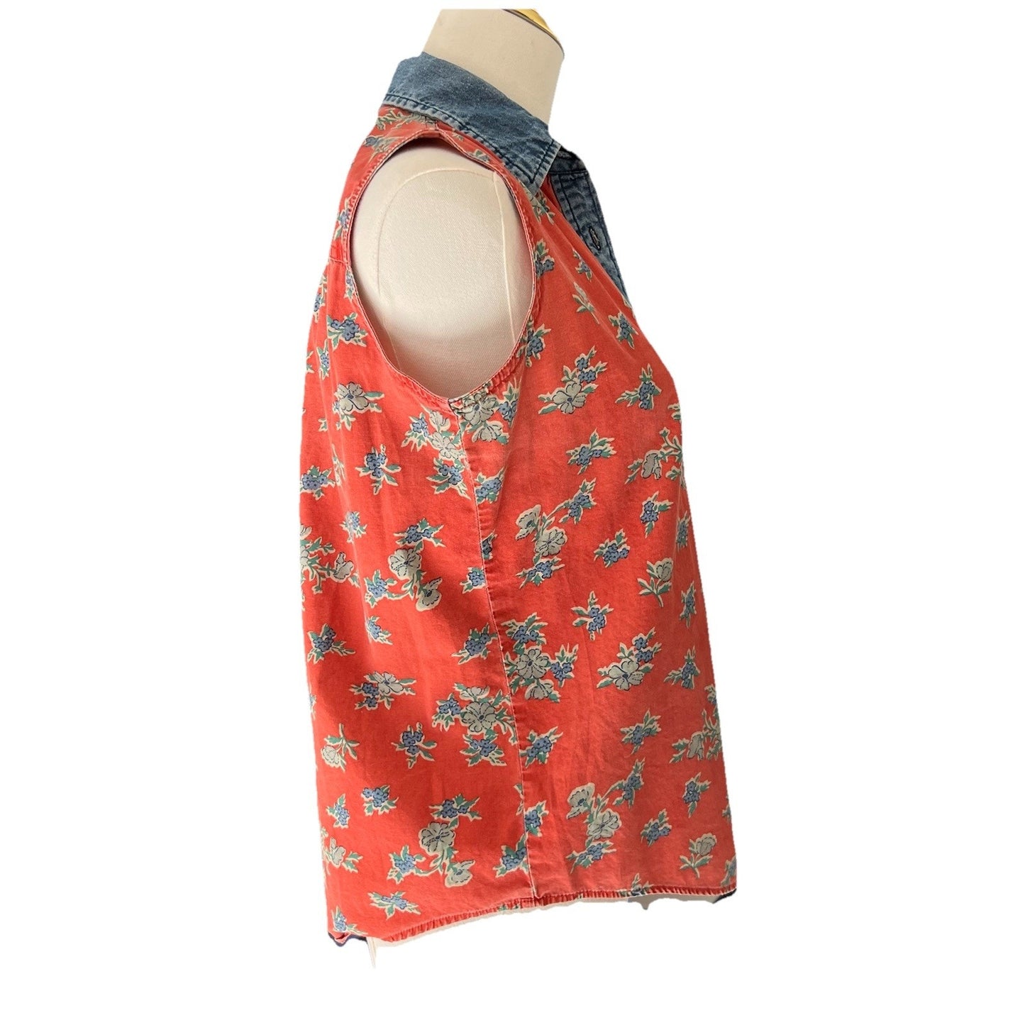 Hunt Club (S) Sleeveless Button Up Women Denim Red Floral Rodeo Western Festival