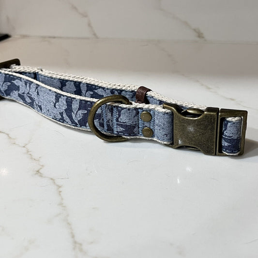 NEW (S) Top Paw Unisex Collar 10-14” Floral Blue Denim Linen Dog Puppy