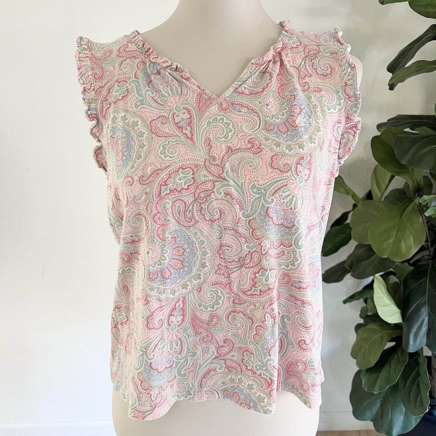 Women LAUREN Ralph Lauren (M) Sleeveless Paisley Shirt Ruffle Trim Boxer Pajama