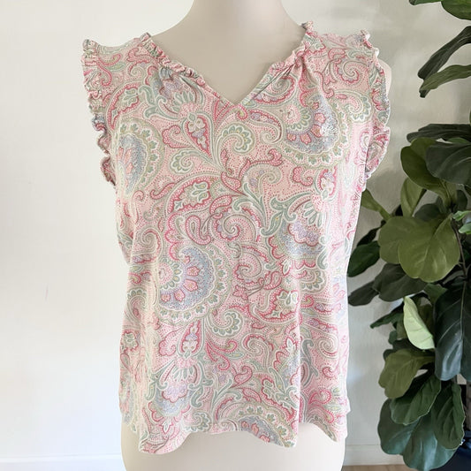 Women LAUREN Ralph Lauren (M) Sleeveless Paisley Shirt Ruffle Trim Boxer Pajama