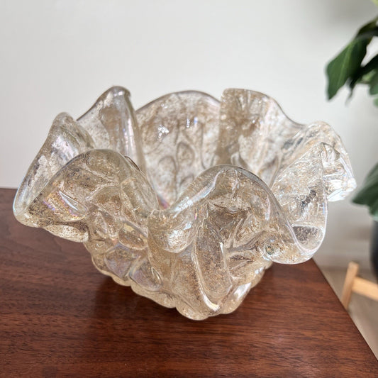 Murano Bowl Lavorazione Arte Iridescent Handkerchief 5.5x9 Gold Fleck MCM