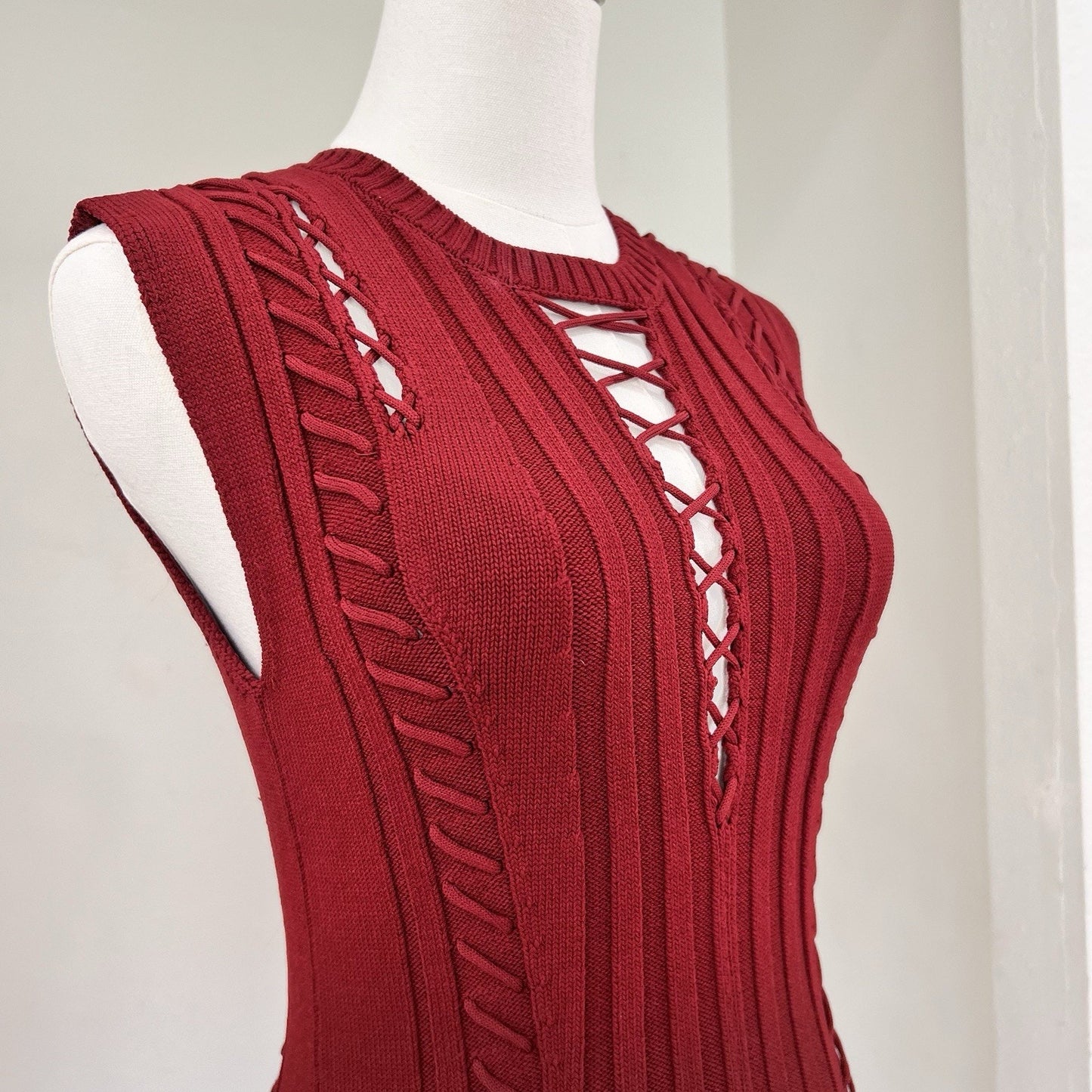 Ronny Kobo Zola Dress (M) Knit Bodycon Bondage Bandage Red Cocktail Sexy Lace Up