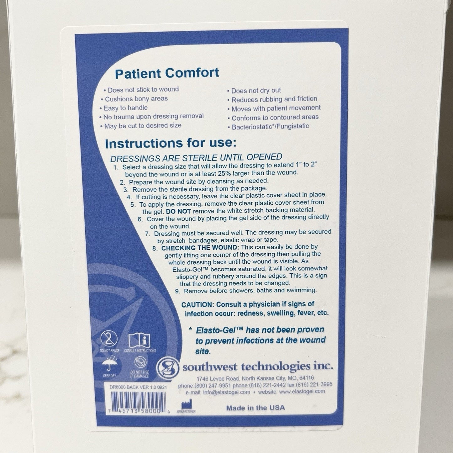 Elasto-Gel Wound Dressing Without Tape 4x4” Box of 5 DR8000 Cooling Cut To Fit