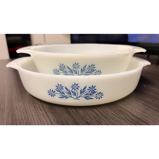 Vtg Anchor Hocking Fire King 2pc Round Blue Cornflower Milk Glass Casserole Dish