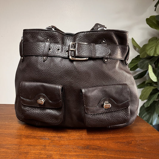 $400 Cole Haan Belted Brown Pebbled Leather Tote Satchel Shoulder Bag Purse