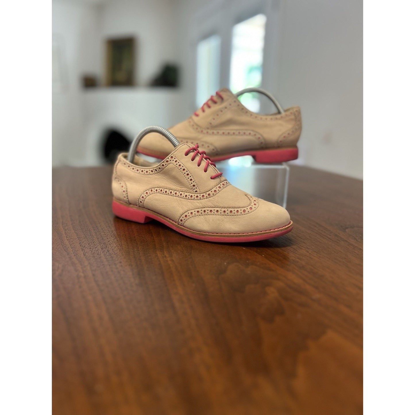 Cole Haan Women Gramercy Leather Wingtip Brogue Oxford Shoes Beige Pink Size 6.5