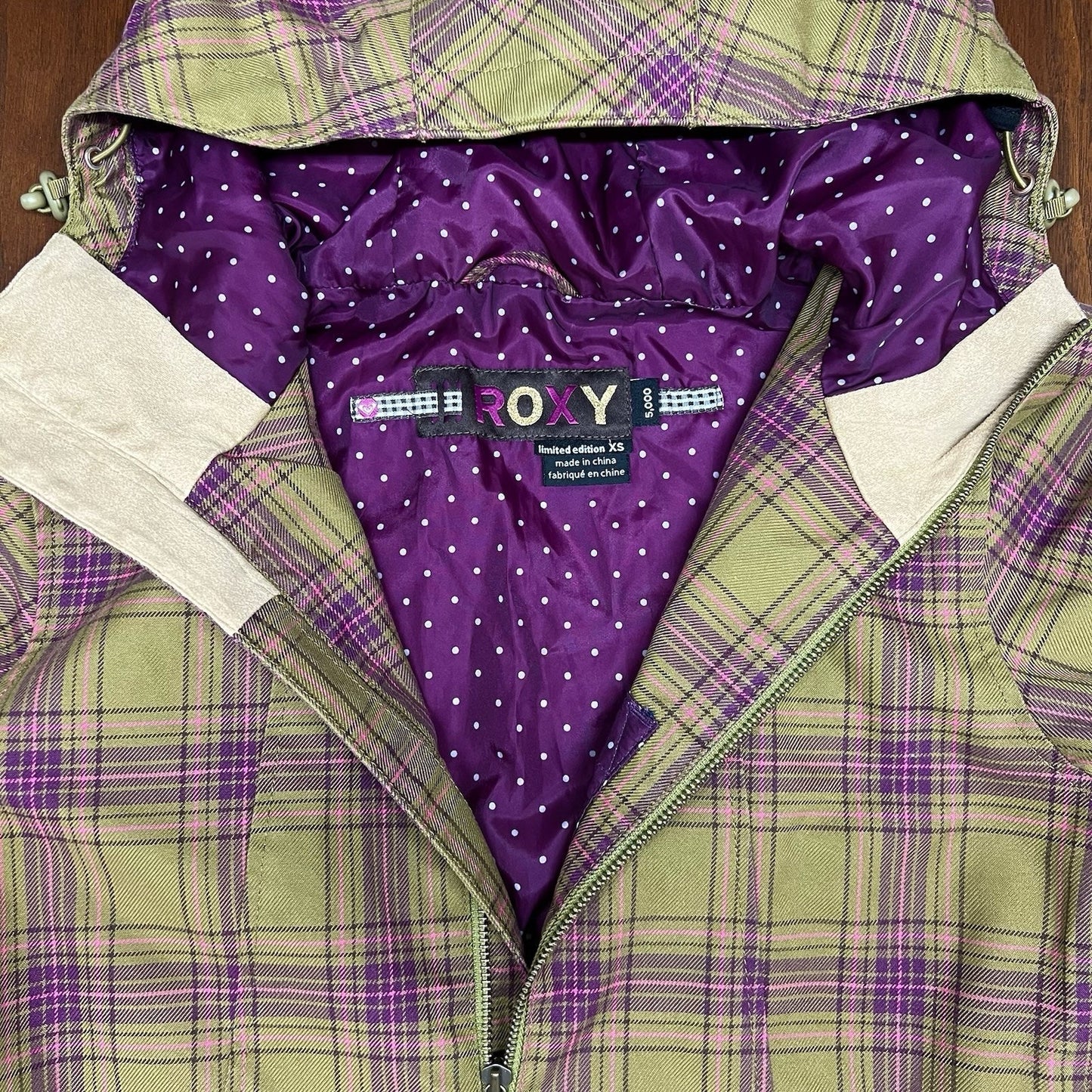 Roxy XS 5,000 Ski Snow Jacket Utility Coat Limited Edition Green Purple Plaid