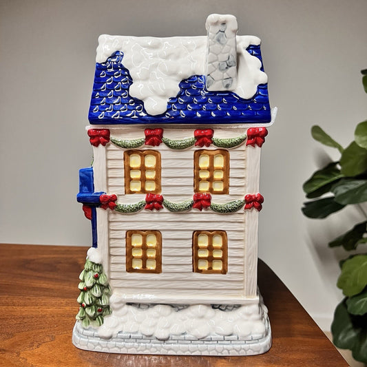 Ridgefield Home Cookie Jar Canister Christmas House Holiday Blue