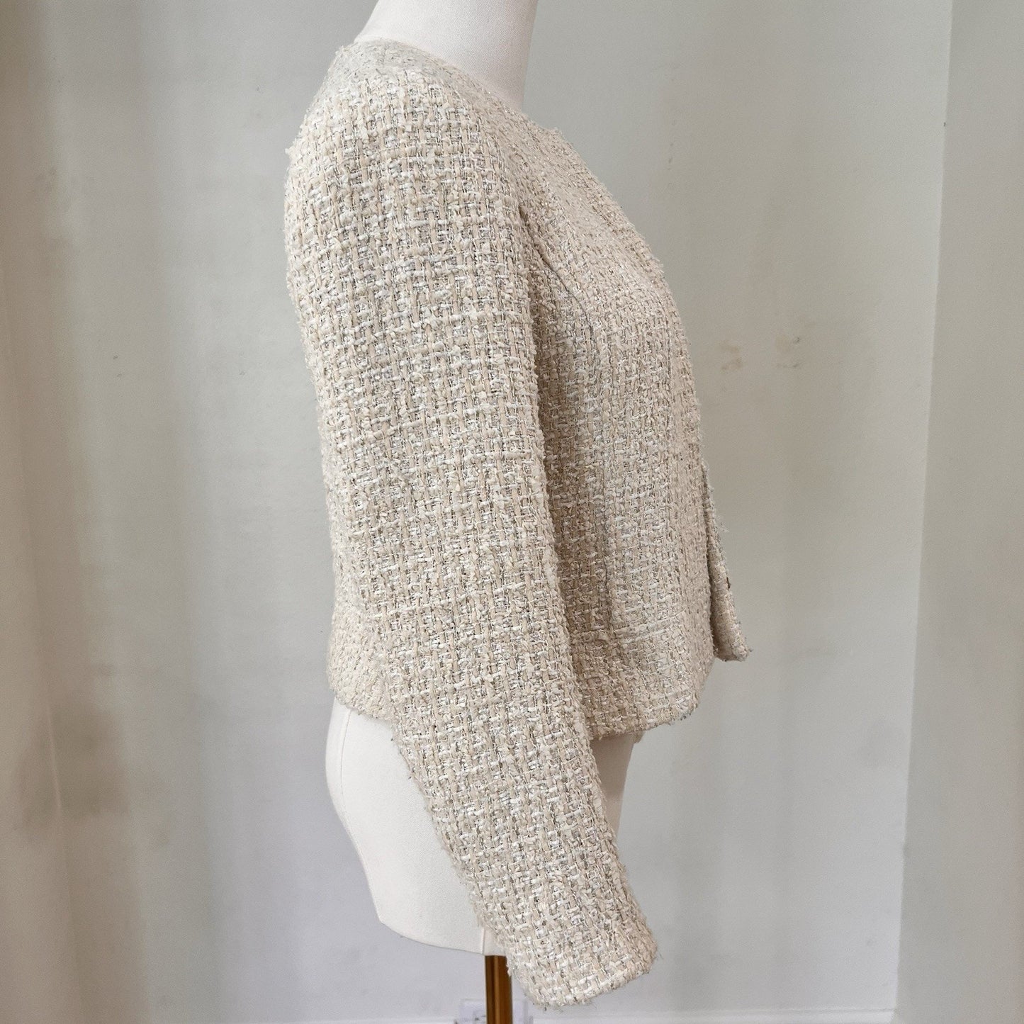 Brooks Brothers Cropped Blazer 6P Womens Tweed Collarless Ivory Metallic Thread
