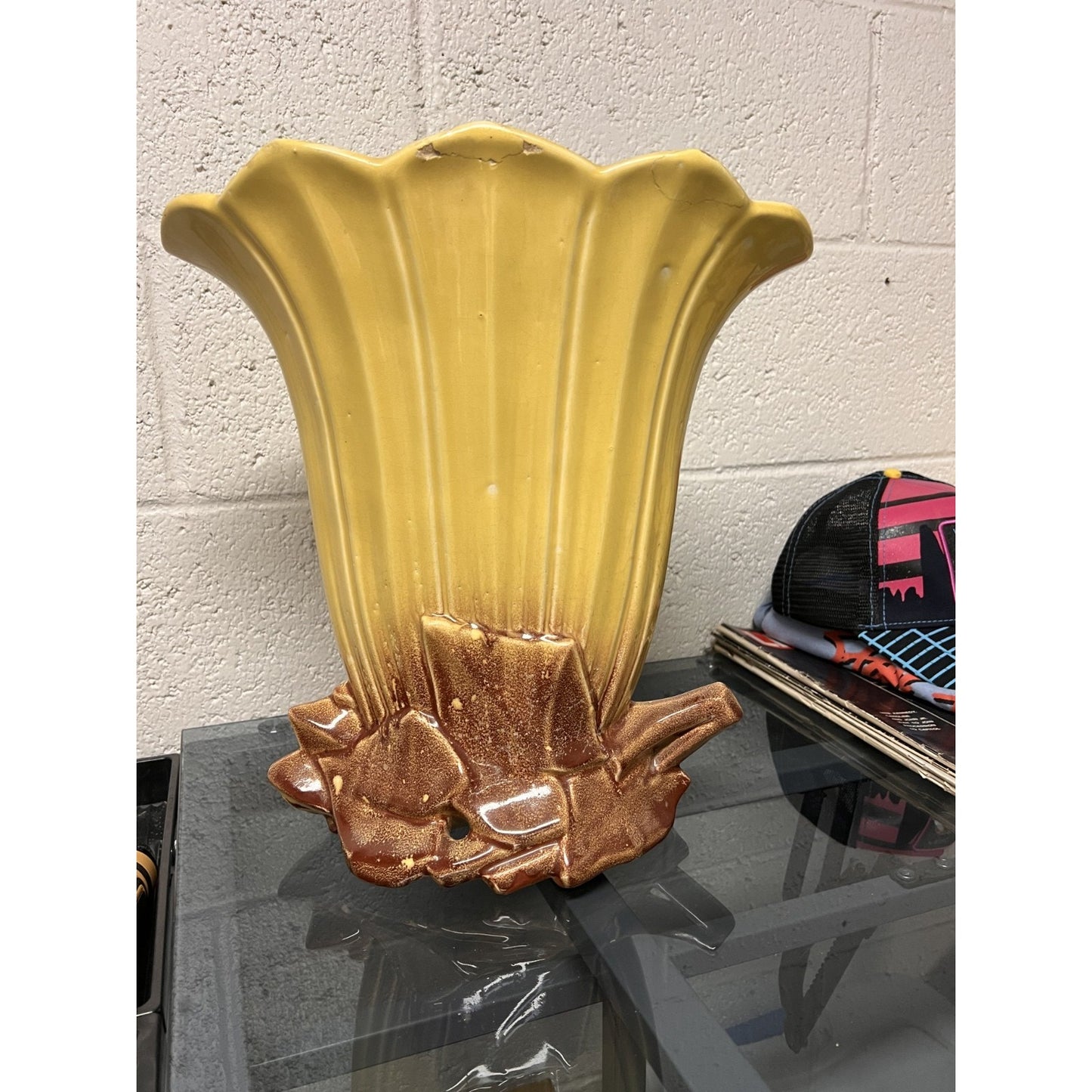 Nelson McCoy Pottery Mid-Century Modern 14.5" Yellow Tall Fan Vase Marked No. 89