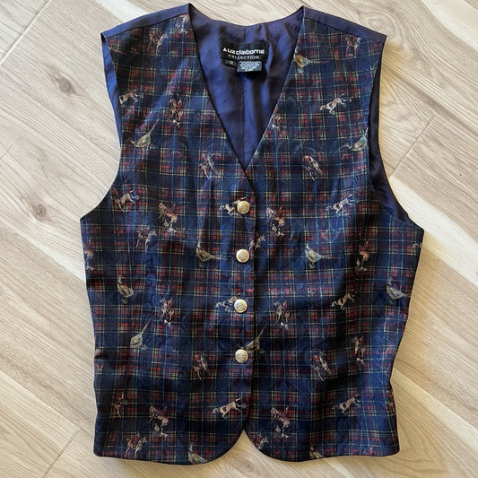 90’s LIZ CLAIBORNE Vest 12 Horse Pheasant Hunting Dog Navy Plaid Button Up