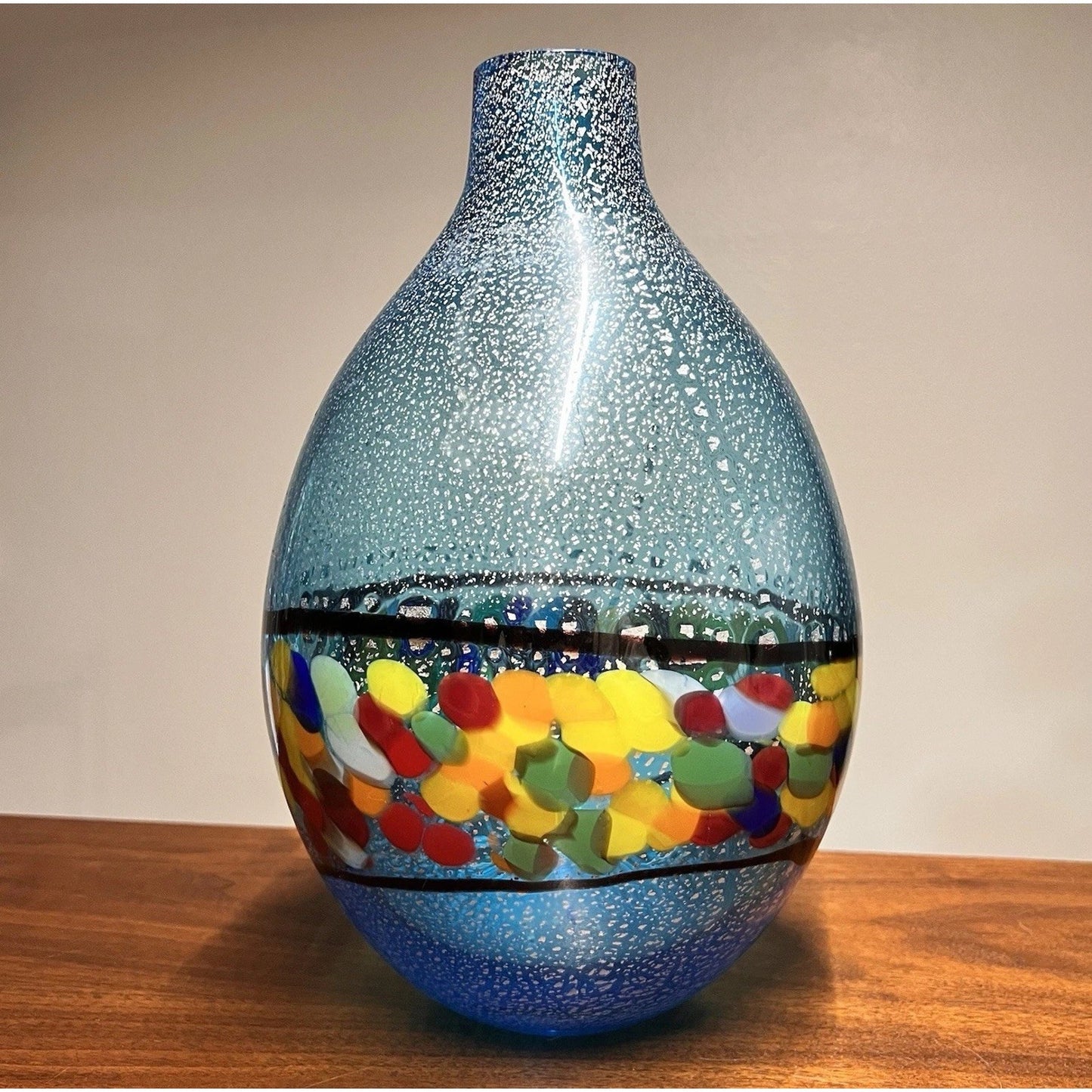 Authentic Murano Vase 13” Blue Incalmo Murrine Silver Sommerso Aventurina Label