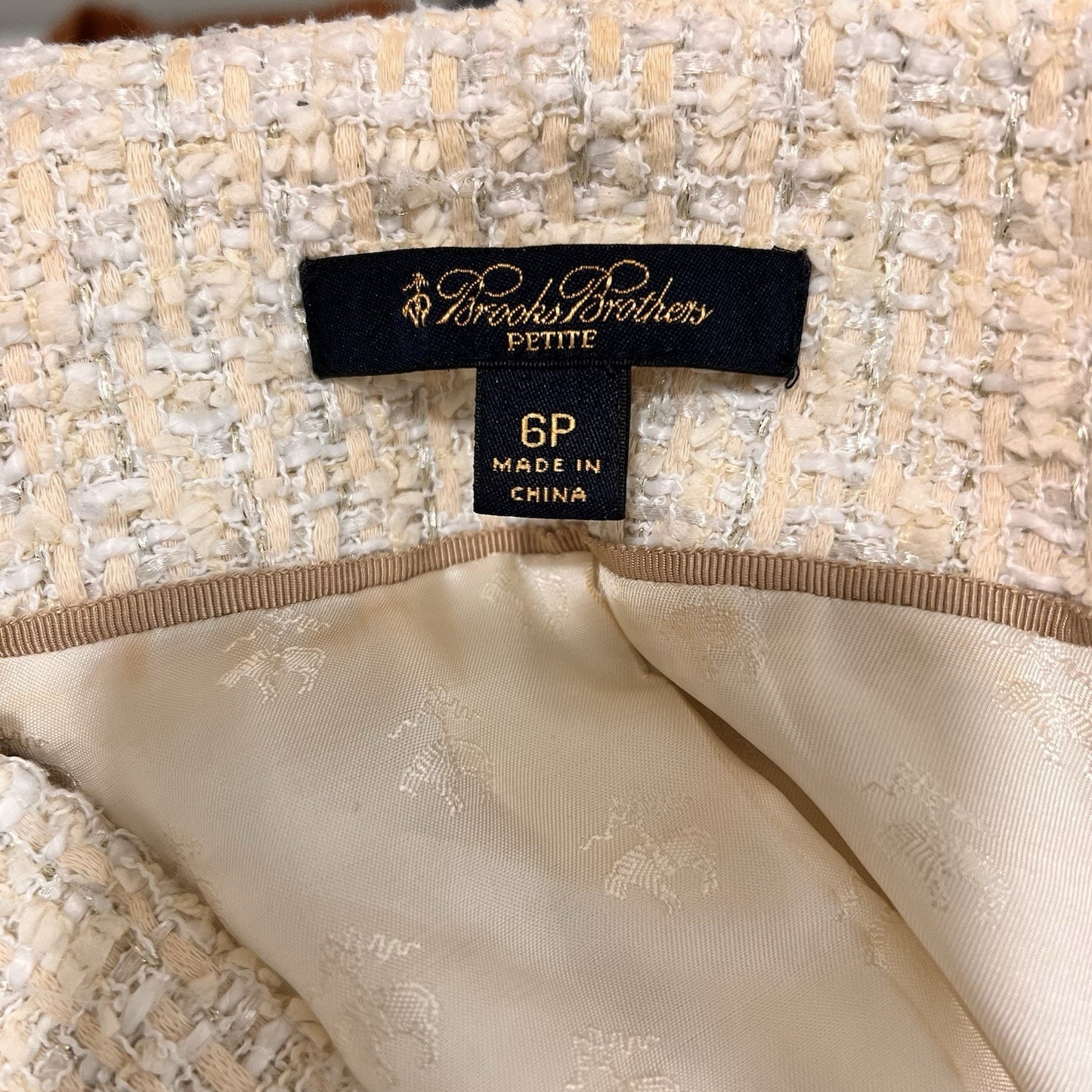 Brooks Brothers Cropped Blazer 6P Womens Tweed Collarless Ivory Metallic Thread
