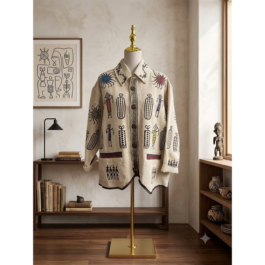 Voth Kimberle’s Palm Desert Woven Cotton Tribal Jacket Art to Wear Petroglyph