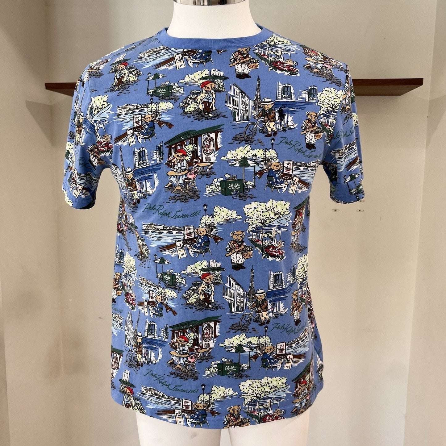 Polo Ralph Lauren Blue Paris Bear Print T Shirt Boys XL 18-20 Preppy AOP