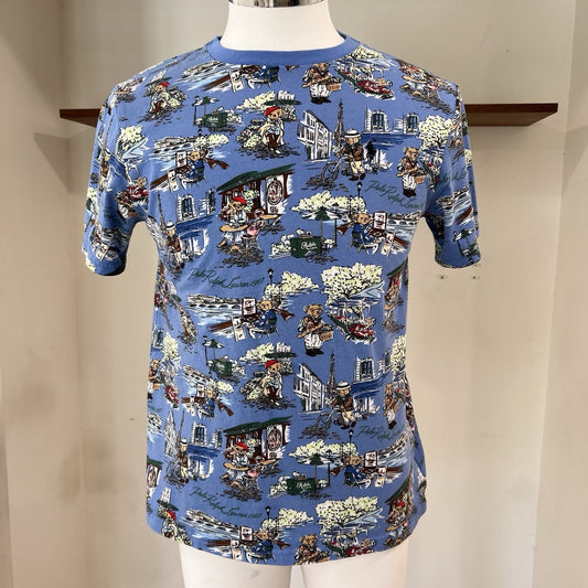 Polo Ralph Lauren Blue Paris Bear Print T Shirt Boys XL 18-20 Preppy AOP