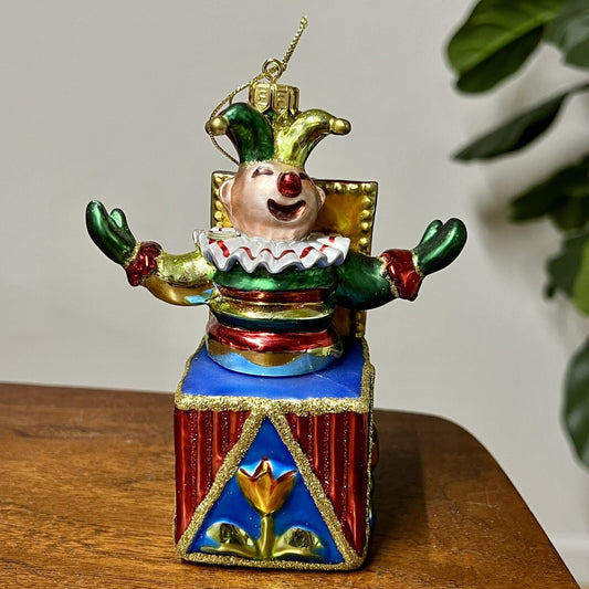 Vintage Fitz and Floyd Jack in The Box Blown Glass Jester Christmas Ornament