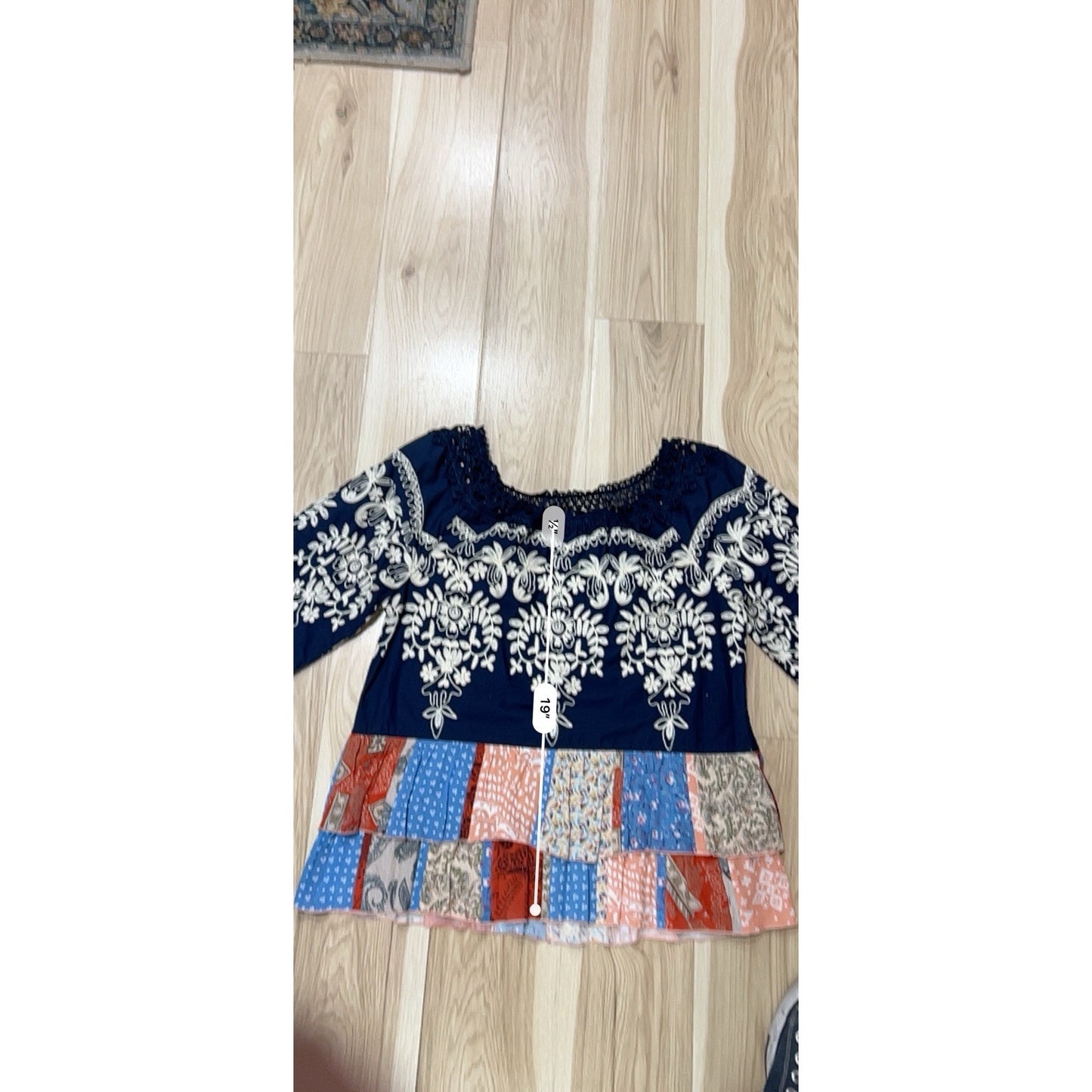 John Mark Top Tunic Shirt (S) Ruffle Boho Peasant Patchwork Eyelet Mixed Media