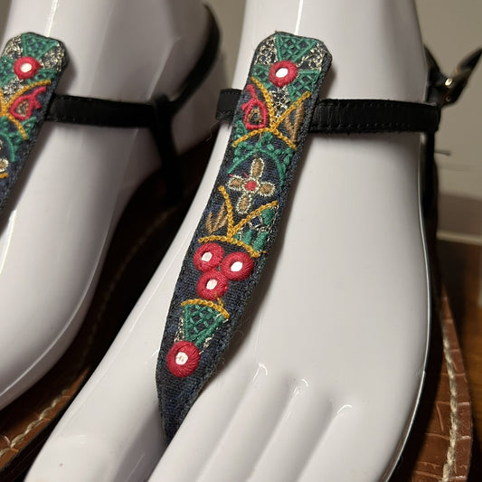 Sam Edelman (7M) Gigi Embroidered T-Strap Flat Sandal Thong Slingback Leather