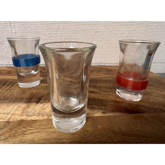 Vintage Tsing Tao MCM Banded (Celluloid) Shot Glass Set of 3 Multi Color