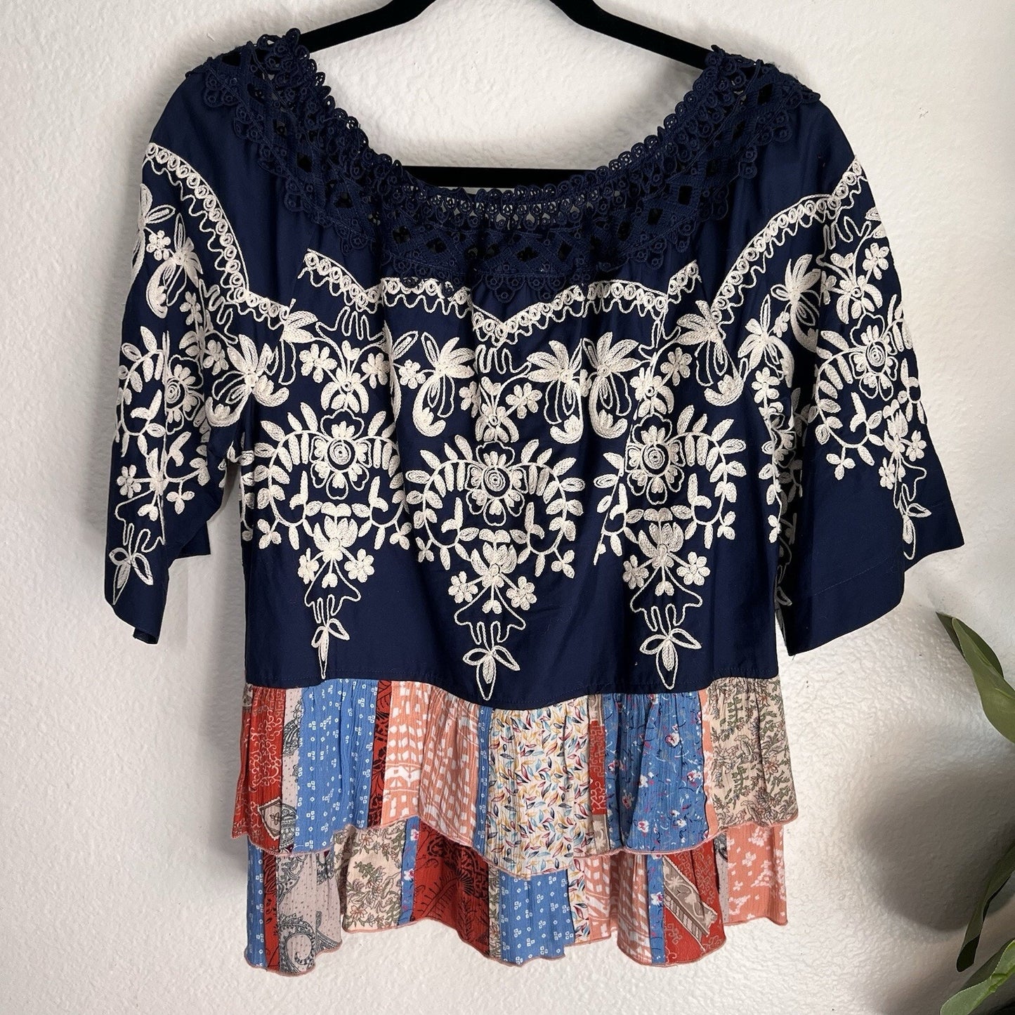 John Mark Top Tunic Shirt (S) Ruffle Boho Peasant Patchwork Eyelet Mixed Media
