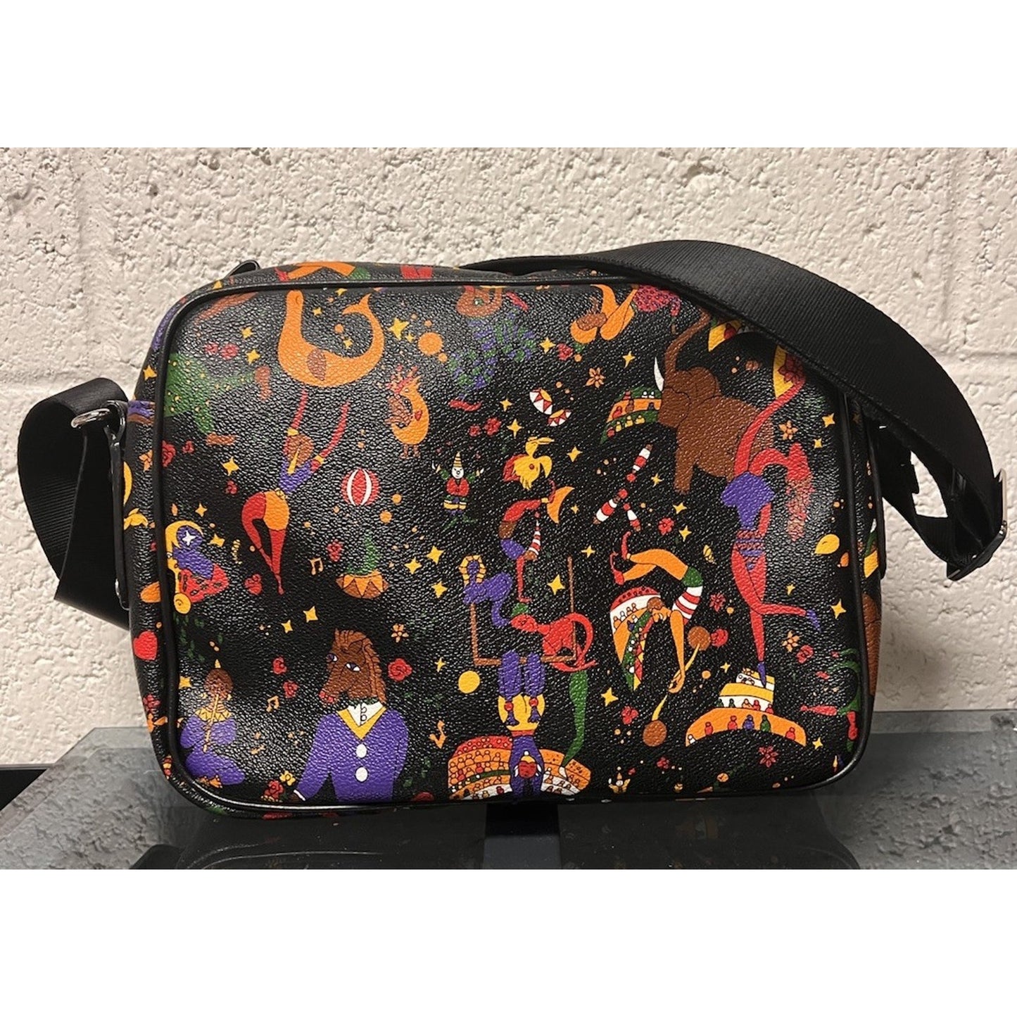 Vintage Black Piero Guidi Unique Magic Circus Pattern Crossbody Bag w/ Key Chain