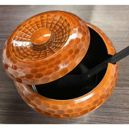 Vtg JAPANESE OHITSU RICE BOWL FAUX HONEYCOMB PATTERN WOOD LACQUER LIDDED W/SPOON