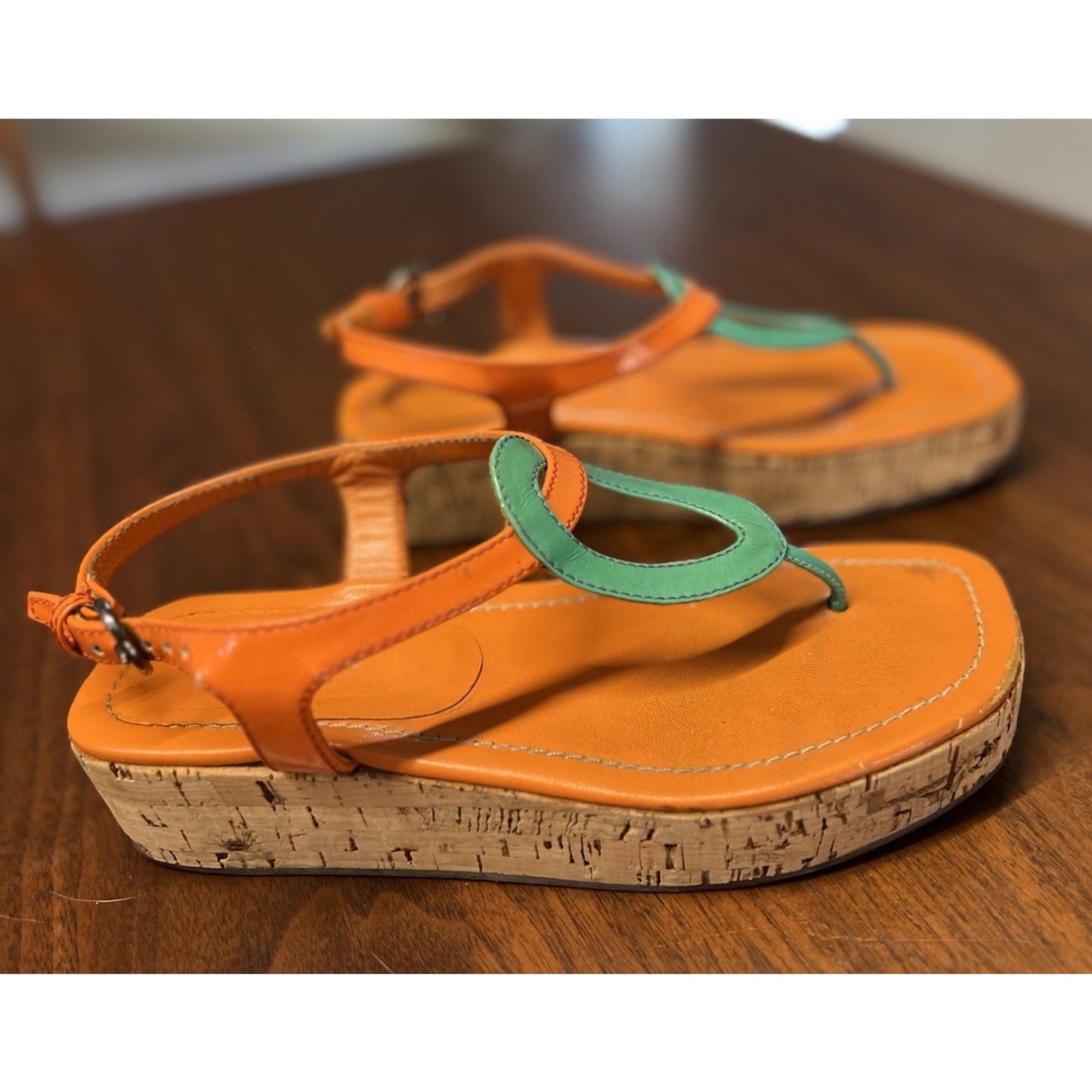 Miu Miu Orange / Teal 2” (aprx) Cork Wedge Women’s Size 5.5 Ankle Buckle Sandal