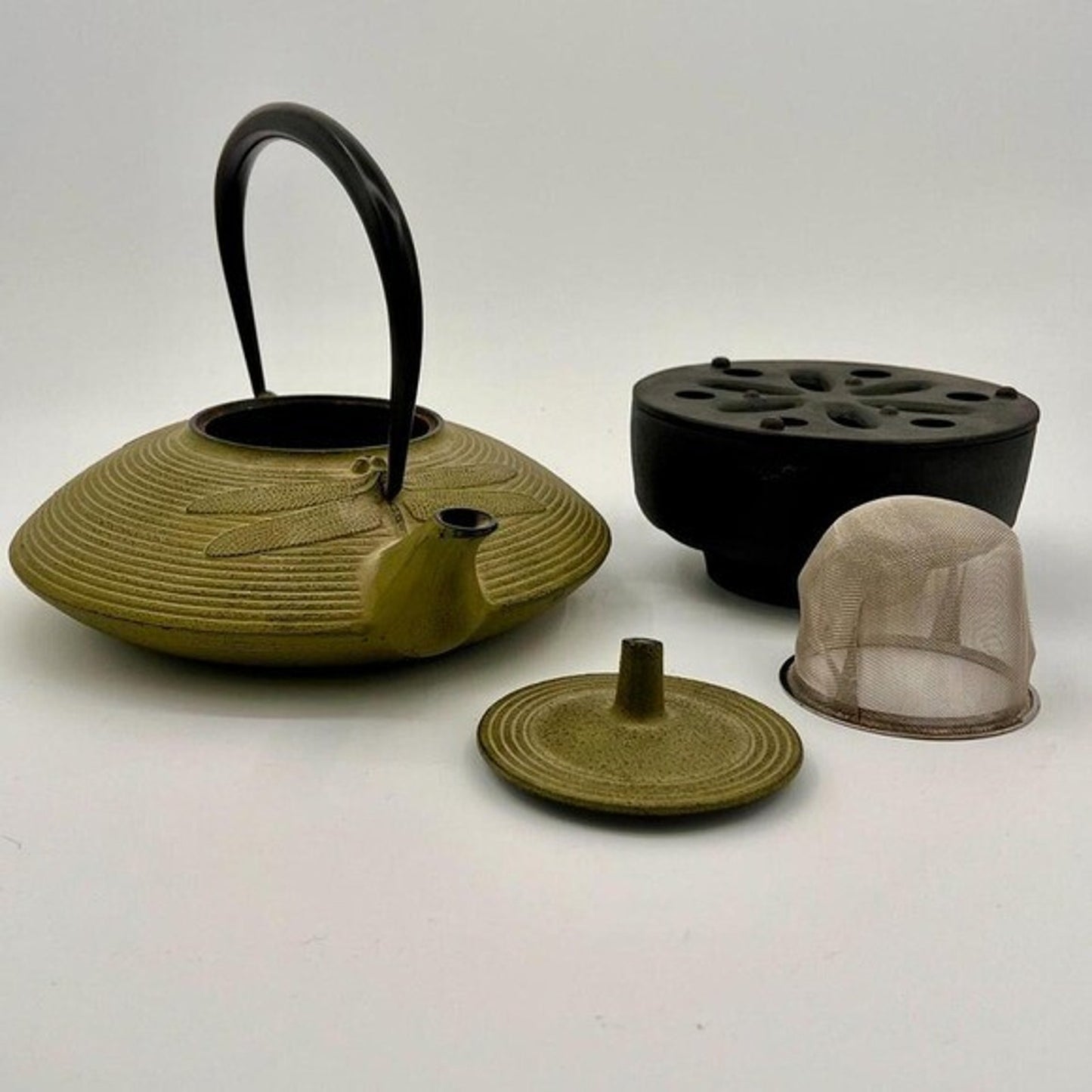 Miya Green Dragonfly Cast Iron Tea set w/ cast iron teapot 2 cups & warming pot