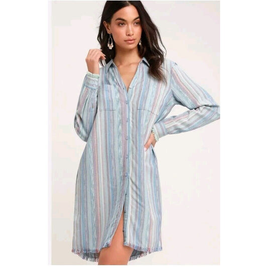 Cloth & Stone (S) Button Down Chambray Linen Blend Shirt Dress Raw Hem Coverup